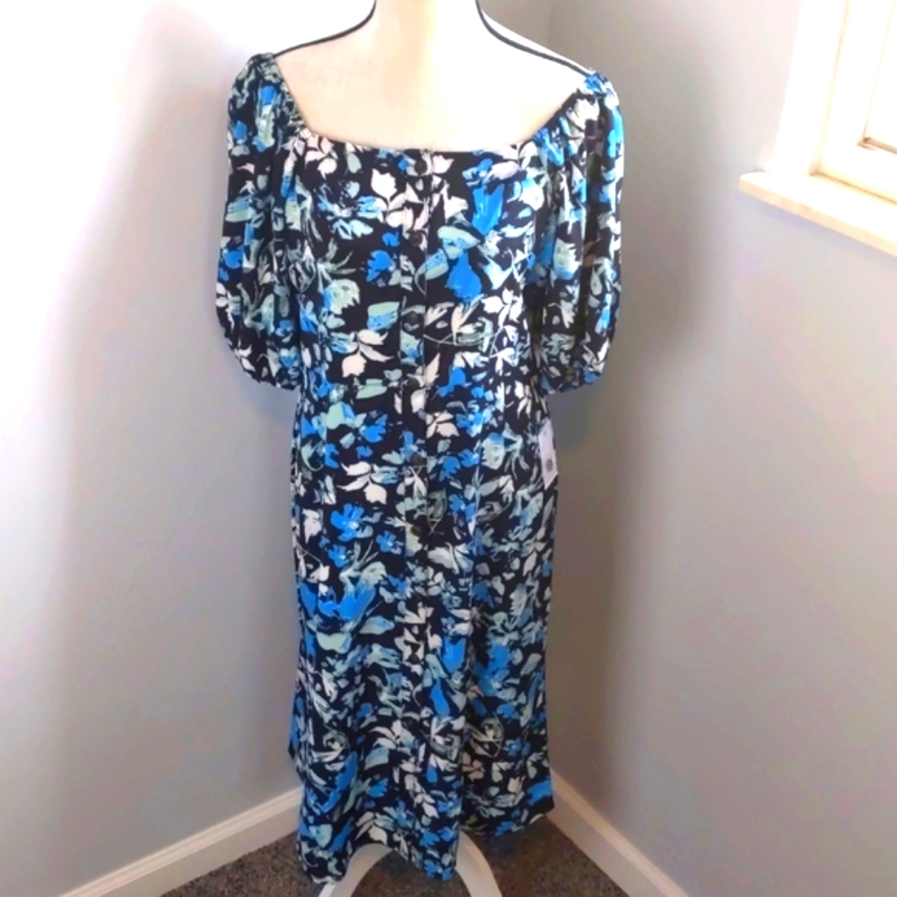 🆕 Floral Blue Button Front Dress by Ophelia / Small